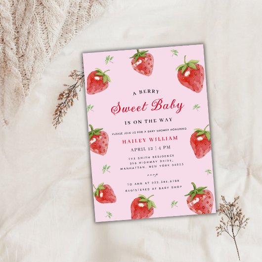 Roze aardbei bessen lief meisje Baby shower Kaart