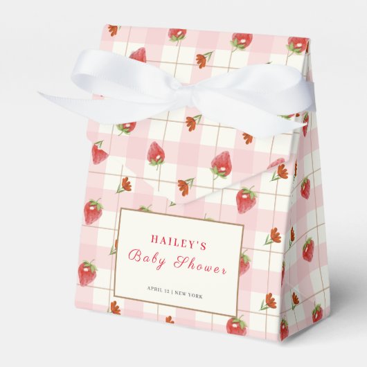 Roze aardbei bessen zoete gingham Baby shower Bedankdoosjes (Voorkant Zijde)