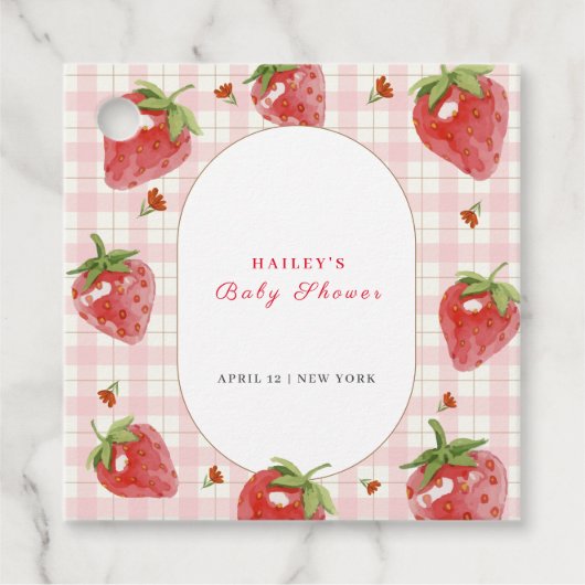 Roze aardbei bessen zoete gingham Baby shower Bedankjes Labels (Voorkant)