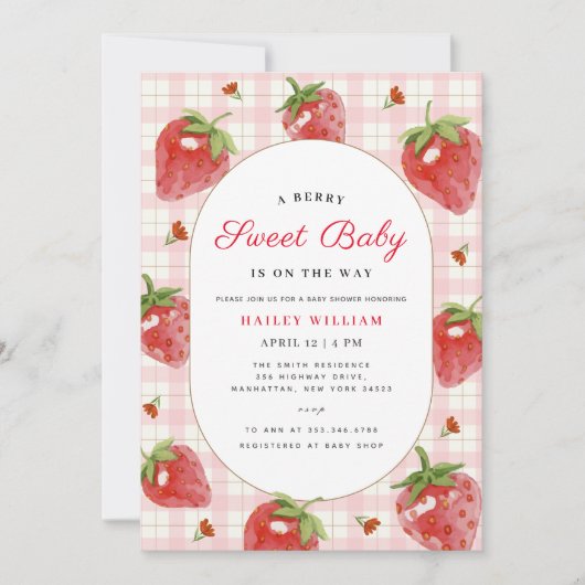 Roze aardbei bessen zoete gingham Baby shower Kaart (Voorkant)