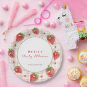Roze aardbei bessen zoete gingham Baby shower Papieren Bordje (Feest)