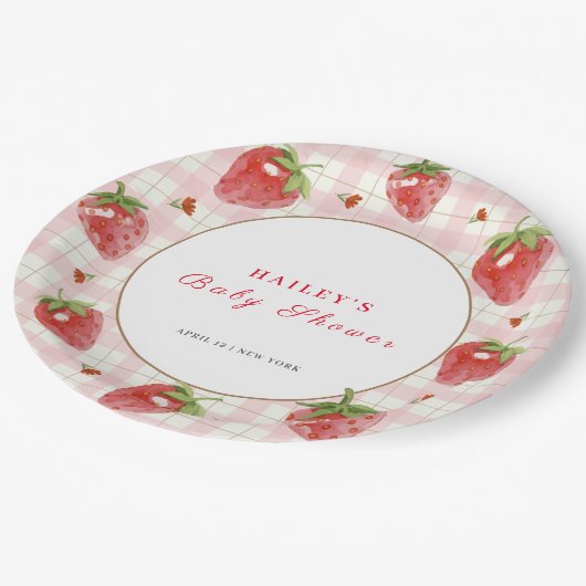 Roze aardbei bessen zoete gingham Baby shower Papieren Bordje (Gekanteld)