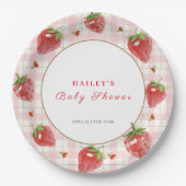 Roze aardbei bessen zoete gingham Baby shower Papieren Bordje (Voorkant)