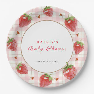 Roze aardbei bessen zoete gingham Baby shower Papieren Bordje