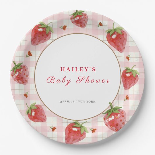 Roze aardbei bessen zoete gingham Baby shower Papieren Bordje (Voorkant)