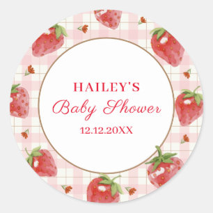 Roze aardbei bessen zoete gingham Baby shower Ronde Sticker