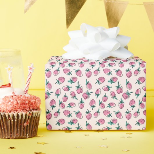 roze aardbei cadeaupapier (Verjaardagsfeest)