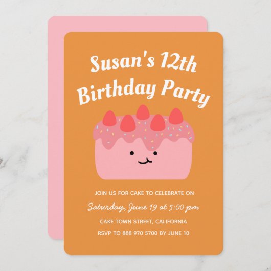 Roze aardbei Cake Birthday Party Kaart (Voorkant / Achterkant)