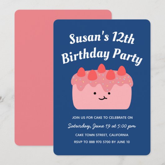 Roze aardbei Cake Birthday Party Kaart (Voorkant / Achterkant)