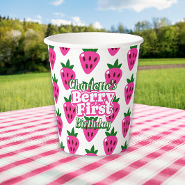 Roze Aardbei Eerste Verjaardag  Papieren Bekers