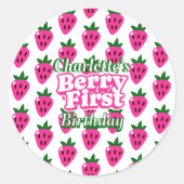 Roze Aardbei Eerste Verjaardag Ronde Sticker (Voorkant)