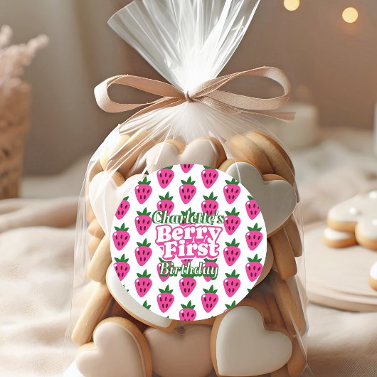 Roze Aardbei Eerste Verjaardag Ronde Sticker