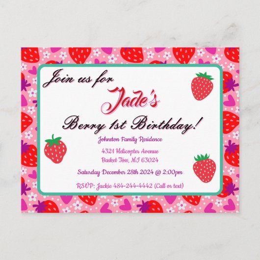 Roze Aardbei Eerste Verjaardag Uitnodiging (Voorkant)