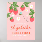 Roze Aardbei Eerste Verjaardag Welkom Poster (Voorkant)
