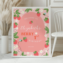 Roze Aardbei Eerste Verjaardag Welkom Poster