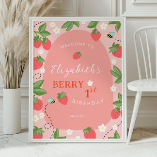 Roze Aardbei Eerste Verjaardag Welkom Poster