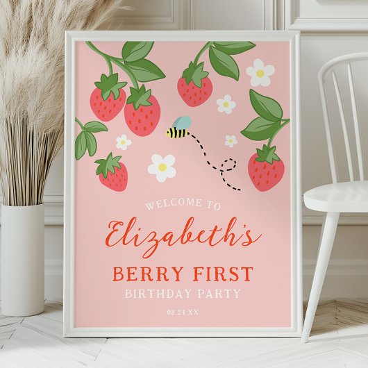 Roze Aardbei Eerste Verjaardag Welkom Poster
