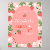 Roze Aardbei Eerste Verjaardag Welkom Poster (Voorkant)