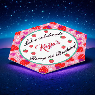 Roze Aardbei Eerste Verjaardagsfeestje Kartonnen Onderzetters