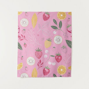 Roze aardbei- en bloementapijt (127 cm x 152 cm) wandkleed