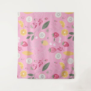 Roze aardbei- en bloementapijt (173 cm x 203 cm) wandkleed