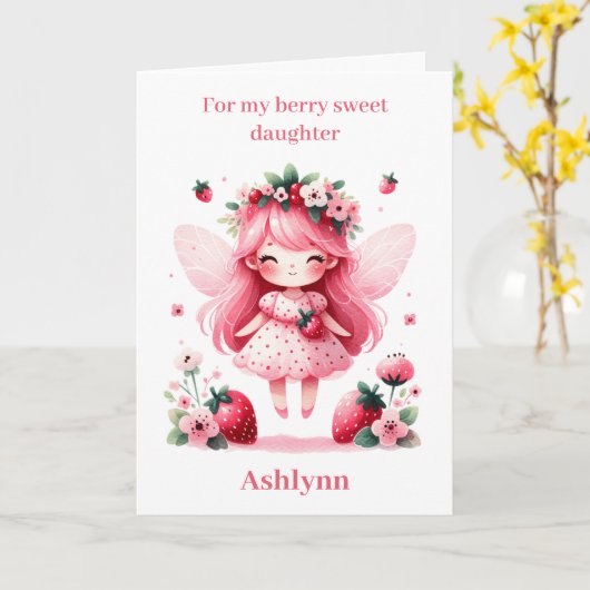 Roze Aardbei Fairy Berry Verjaardag Dochter Kaart (Gele Bloem)