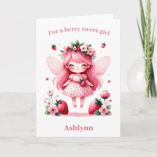 Roze Aardbei Fairy Berry Verjaardag Kaart (Voorkant)