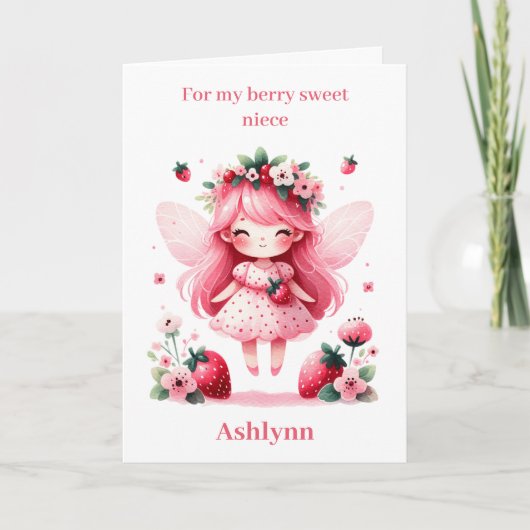 Roze Aardbei Fairy Berry Verjaardag Nichtje Kaart (Voorkant)