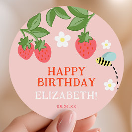 Roze aardbei feestfavoriet bedankt ronde sticker