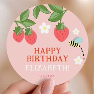 Roze aardbei feestfavoriet bedankt ronde sticker