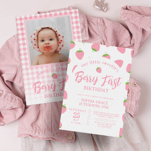 Roze aardbei Foto Berry First 1st Birthday Kaart