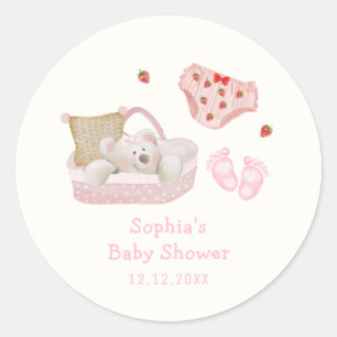 Roze aardbei ijsbeer speelgoed meisje baby shower ronde sticker