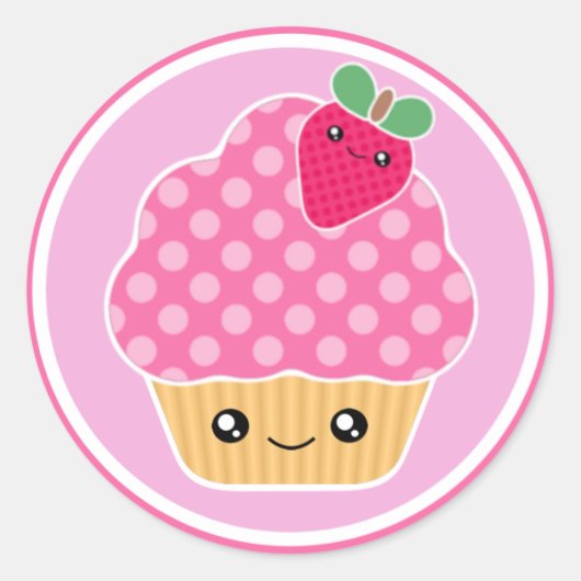 Roze Aardbei Kawaii Cupcake Stickers (Voorkant)