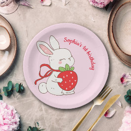 Roze Aardbei Konijn Verjaardag Papieren Bordje