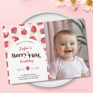 Roze Aardbei Meisje Foto Berry 1e verjaardag Kaart