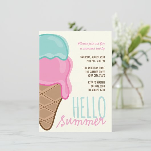 Roze Aardbei Mint Ice Cream Summer Party Uitnodige Kaart (Staand voorkant)