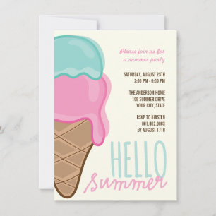 Roze Aardbei Mint Ice Cream Summer Party Uitnodige Kaart