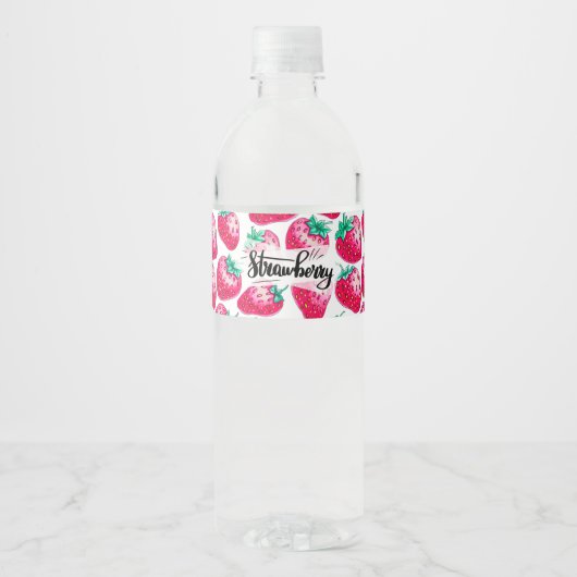 Roze aardbei op witte achtergrond waterfles etiket (Voorkant)