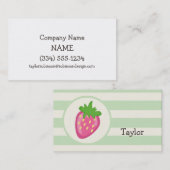 Roze aardbei; pastelgroene strepen visitekaartje (Voorkant / Achterkant)