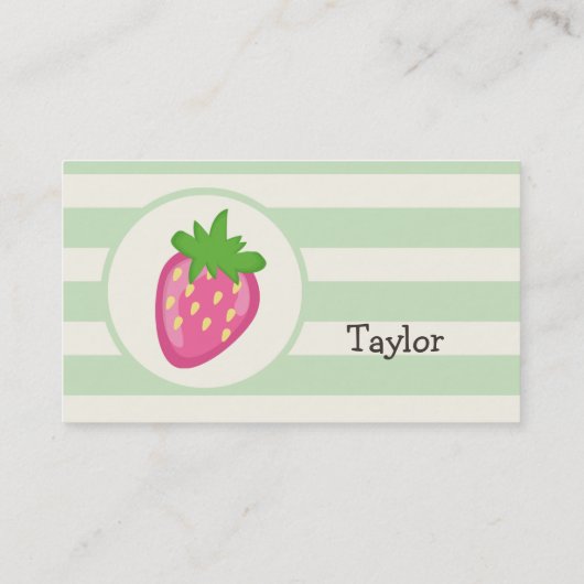 Roze aardbei; pastelgroene strepen visitekaartje (Achterkant)