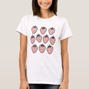 Roze Aardbei Patroon – Mooie met de Hand Getekende T-shirt