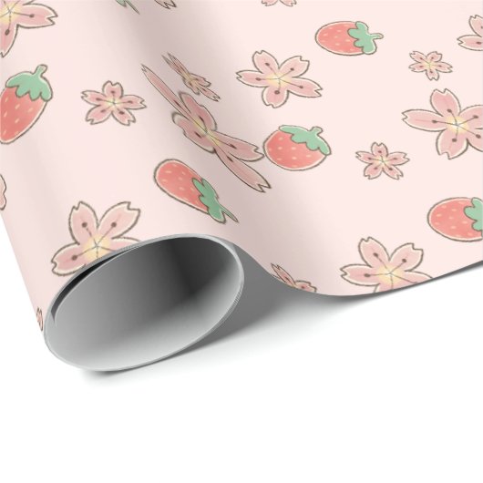 Roze Aardbei Spring thema Wrapping Paper Cadeaupapier (Rol Hoek)