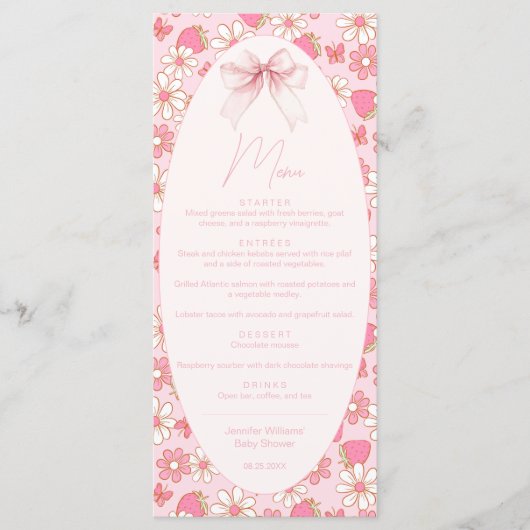 Roze Aardbei Sweet Berry Baby Meisje Douche Menu (Voorkant)