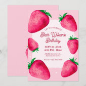 Roze Aardbei verjaardag uitnodiging (Voorkant / Achterkant)