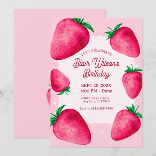 Roze Aardbei verjaardag uitnodiging (Voorkant / Achterkant)