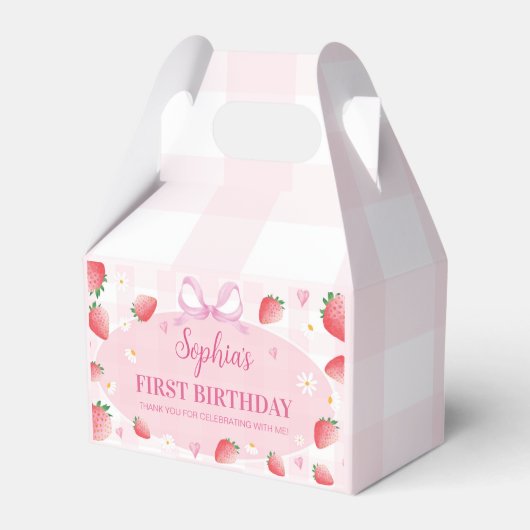 Roze Aardbei Verjaardagsfeestje Bedankdoosjes (Voorkant Zijde)