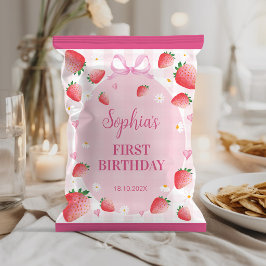 Roze aardbei verjaardagsfeestje chipzak verpakking flyer