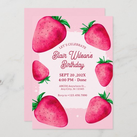 Roze aardbei verjaardagsuitnodiging kaart (Voorkant / Achterkant)