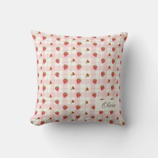 Roze Aardbei Zoet Gingham Monogram Kwekerij Kussen (Voorkant)