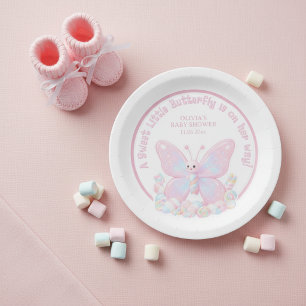Roze Aardbei Zoete Vlinder Meisje Baby Shower  Papieren Bordje